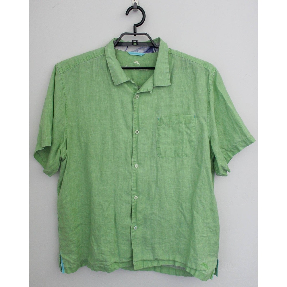 Tommy Bahama Button Down Shirt Mens XL Green 100% Linen Short Sleeve Camp Pocket